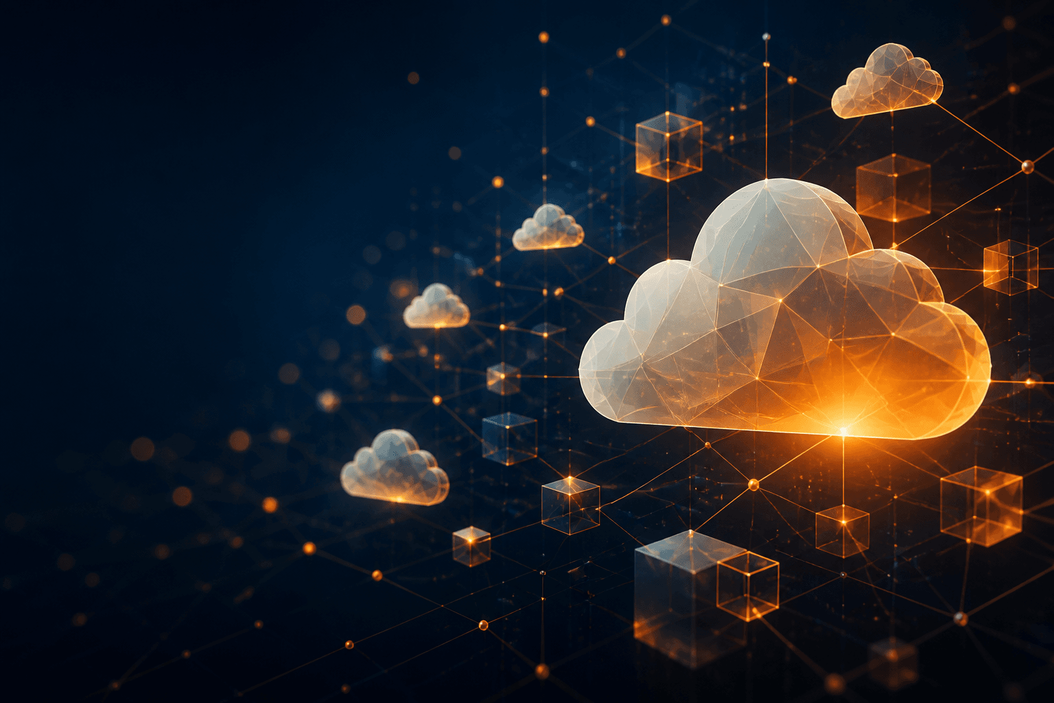 Abstract navy and orange digital network of faceted glass-like cloud icons and connected nodes, representing cloud computing for New York City businesses.