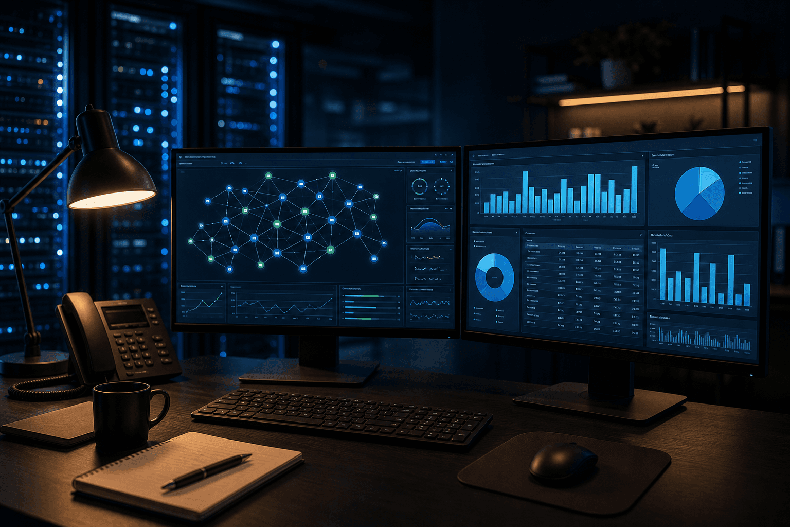 Nighttime IT operations desk with dual widescreen monitors showing a network topology map and analytics dashboards, a desk lamp, office phone, and server racks in a navy-lit room — representing IT support for Hoboken businesses.