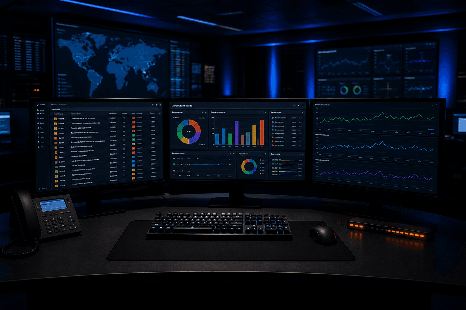 Dark network operations workstation with three monitors showing ticket queues, priority charts, and uptime graphs, a VoIP phone, and a glowing orange status bar — representing IT support for Paramus and Bergen County businesses.