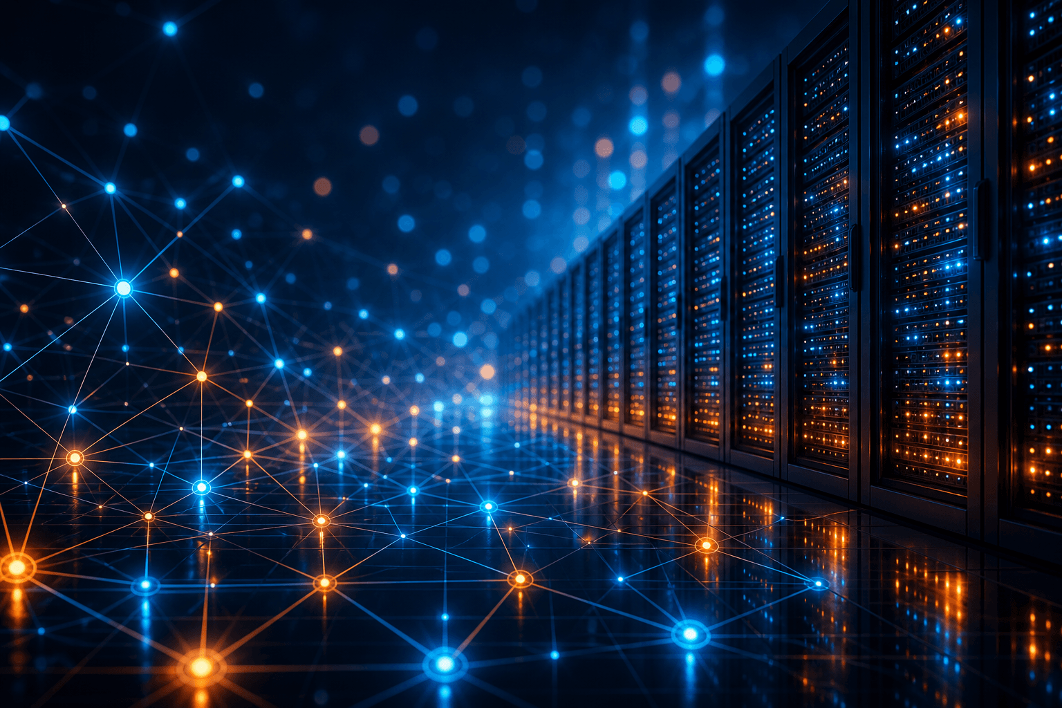 Abstract digital representation of a managed IT data center with glowing server racks and an interconnected network mesh in navy blue and orange.