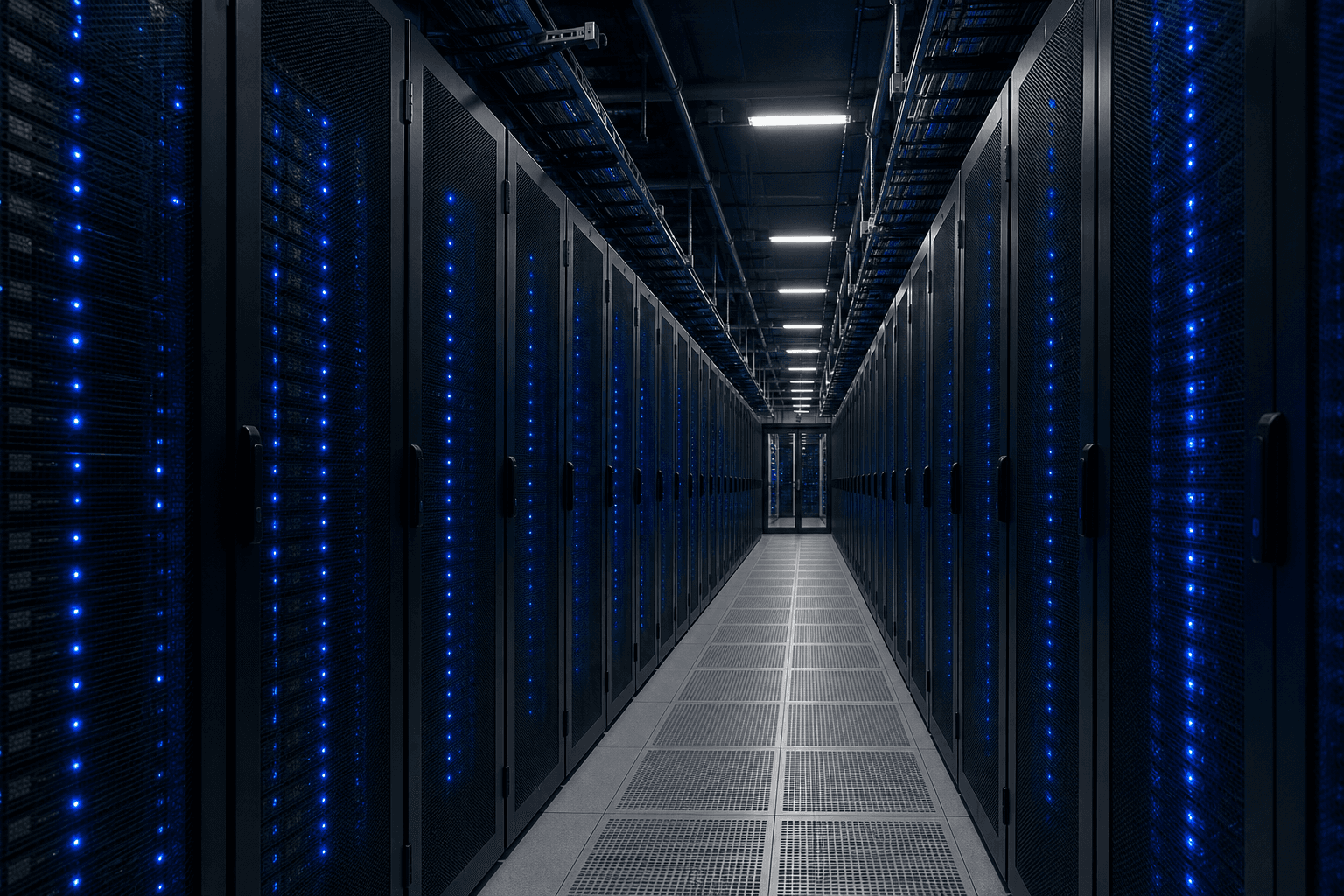 One-point perspective down a dim data-center aisle lined with black server racks and blue LED status lights, representing managed IT services for Newark NJ businesses.