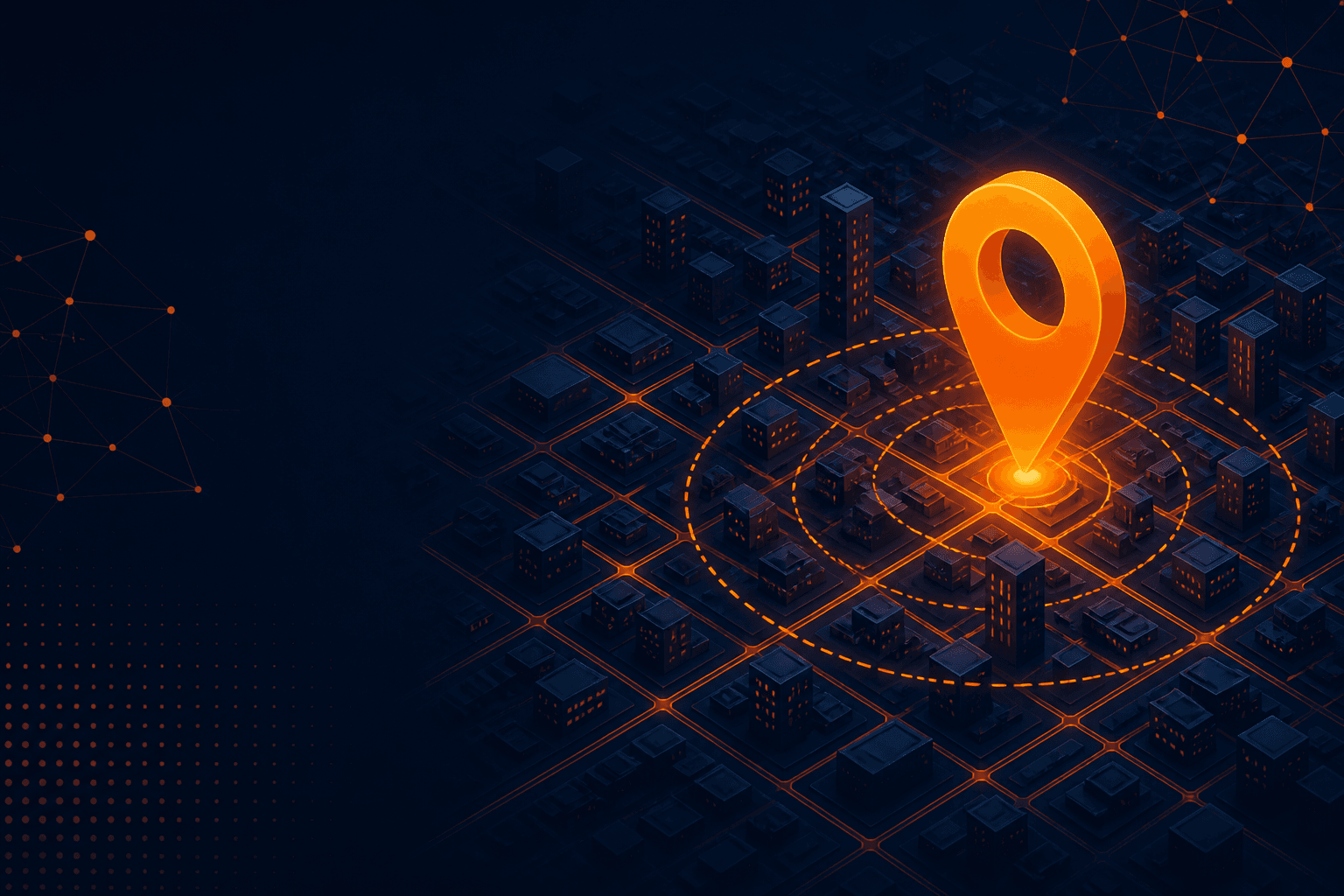 Isometric navy-and-orange illustration of a glowing map pin on a city grid with concentric coverage rings and network nodes, representing a local MSP near you in Staten Island and NYC.
