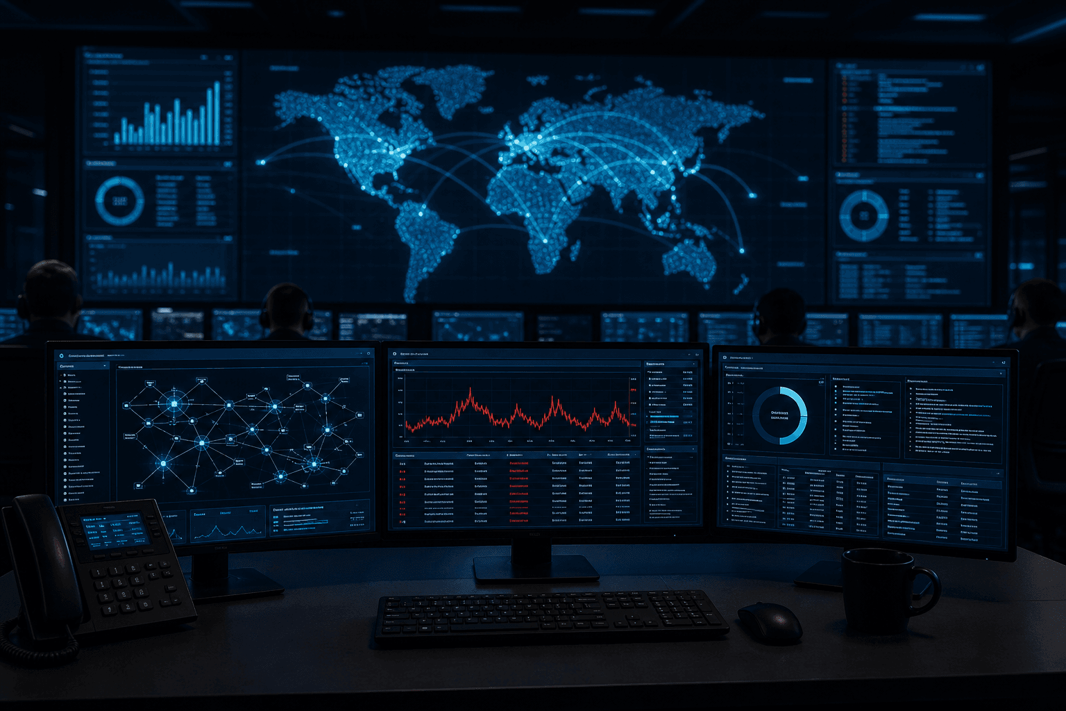 Security operations center with a glowing world-map video wall and three foreground monitors showing network topology, a red alert graph, and status widgets — representing penetration testing for New York City businesses.