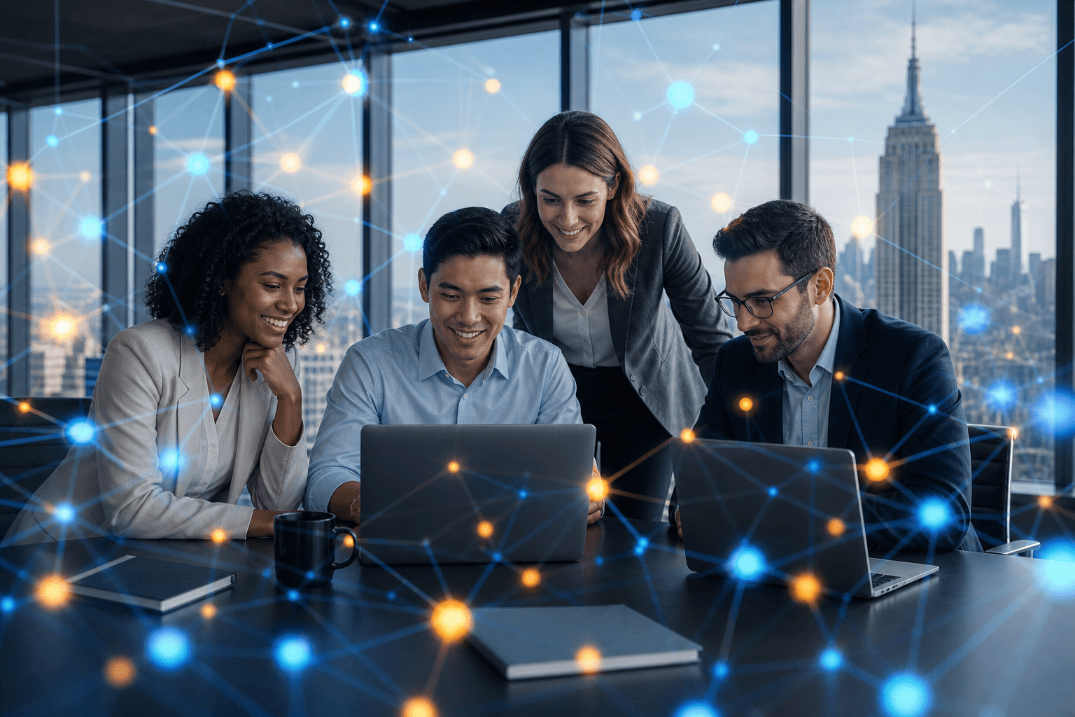 Business team collaborating on AI implementation in a modern office