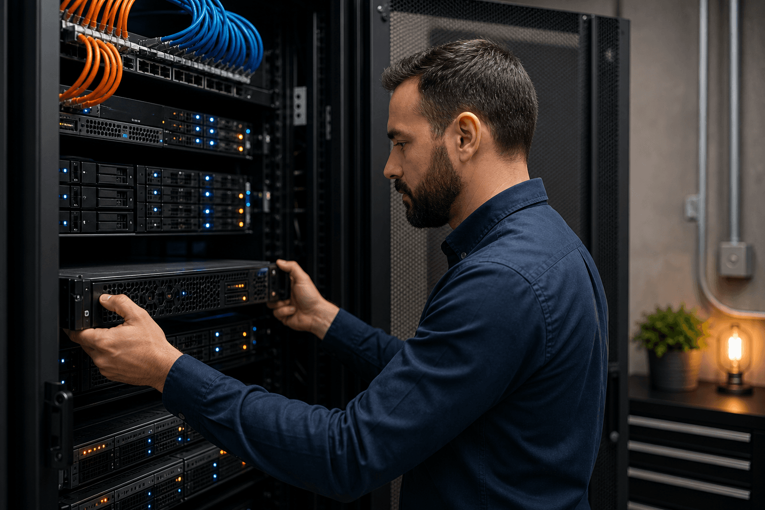 Technician installing a rack-mounted local AI server