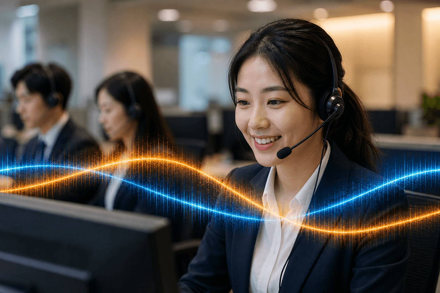 Support professional using a headset with digital voice-agent waveforms