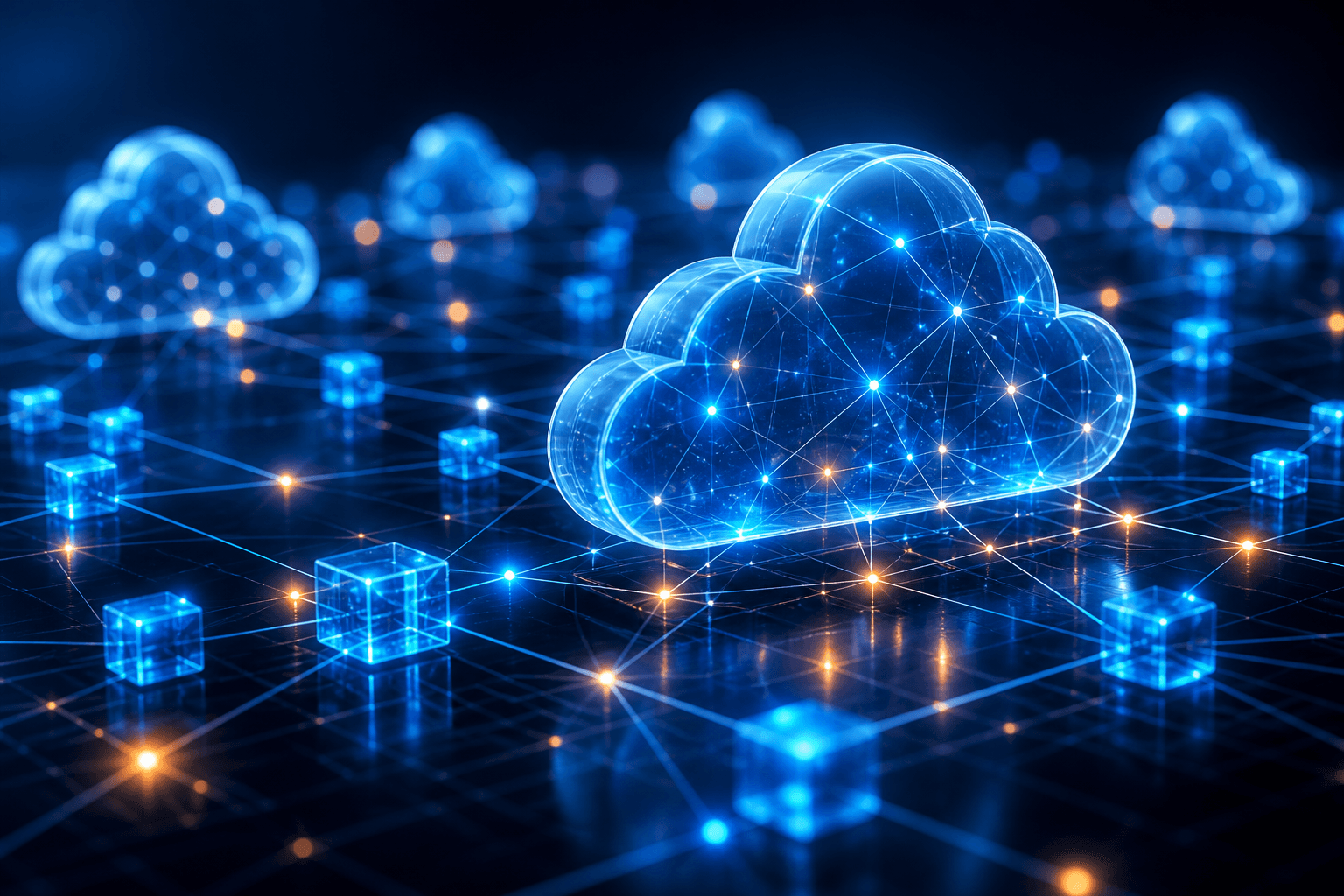 Abstract digital network of glowing glass-like cloud icons and connected data cubes on a dark reflective floor, representing cloud computing services for New Jersey businesses.