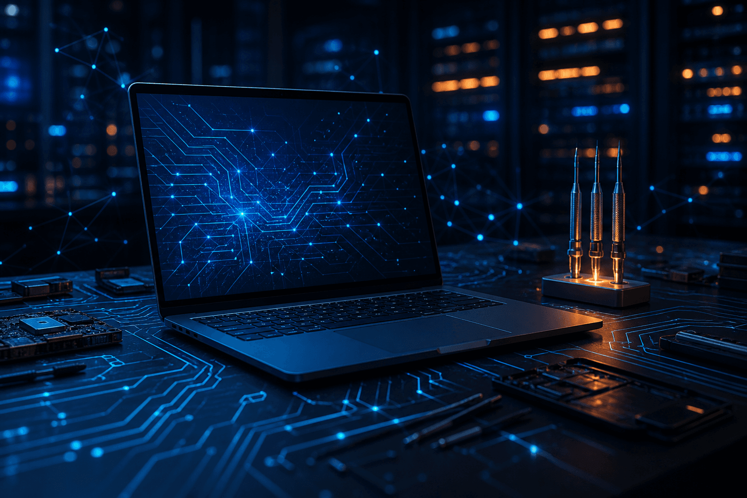 Professional computer repair illustration with a laptop showing glowing blue circuitry, precision tools, and a navy-and-orange high-tech workshop background.
