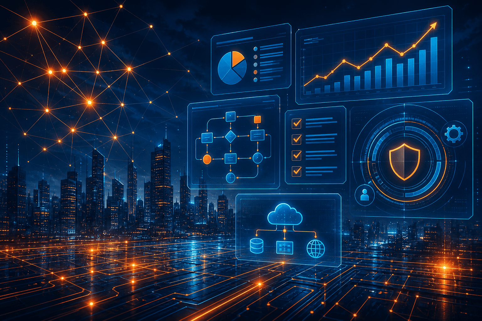 Navy and orange futuristic illustration of holographic analytics dashboards, network diagrams, and a glowing circuit-board cityscape representing IT consulting and technology strategy for Staten Island businesses.