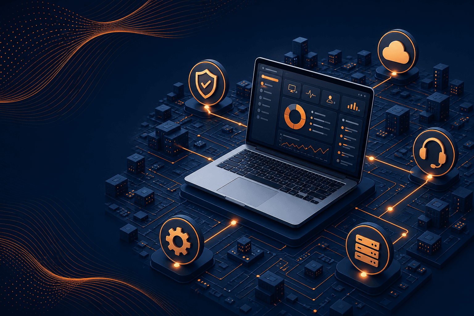 Navy and orange isometric illustration of a laptop dashboard connected to shield, cloud, headset, gear, and server icons on a glowing city-grid network, representing IT support for White Plains and Westchester businesses.