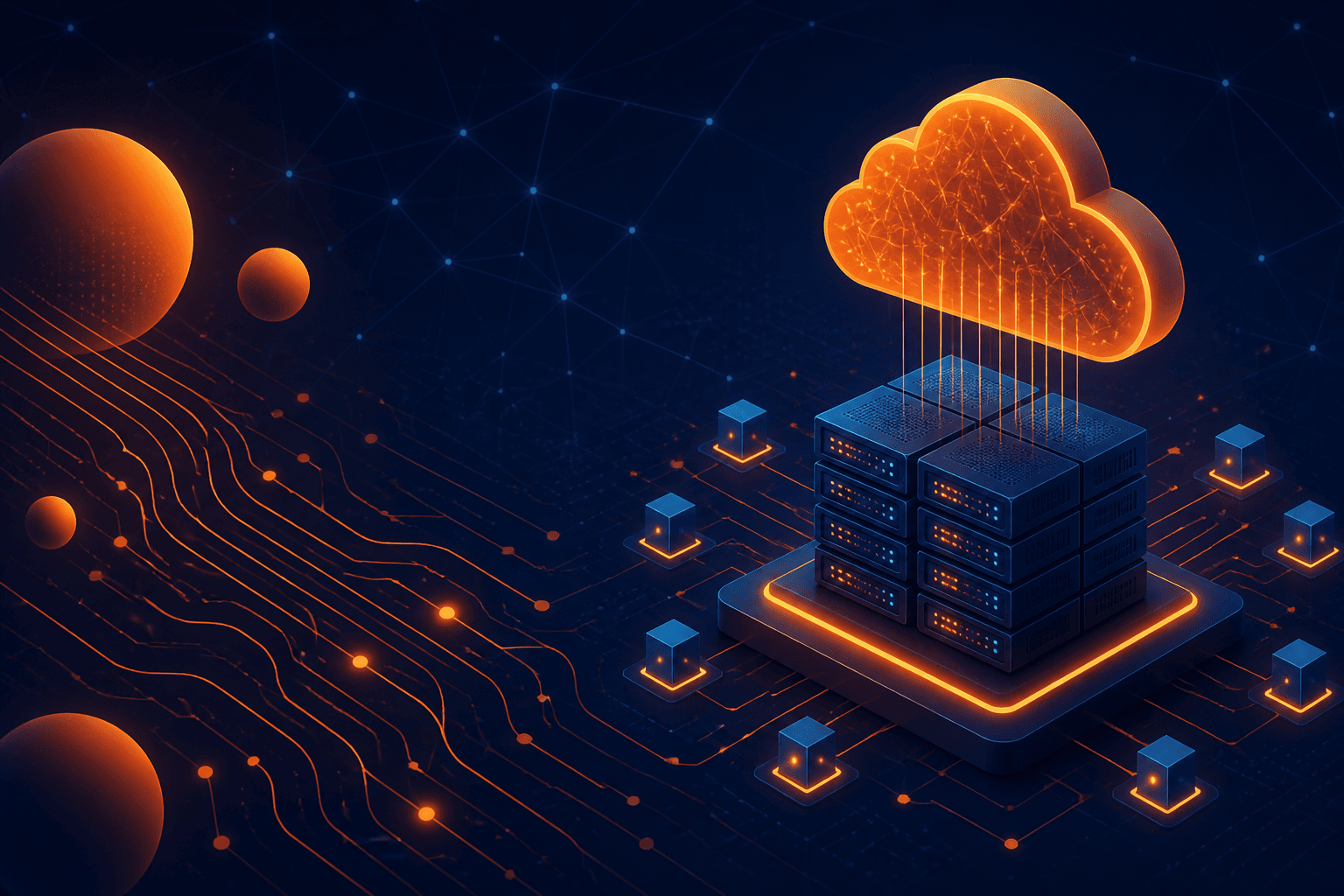 Navy and orange isometric illustration of a cloud connected to servers, databases, and network nodes on a glowing circuit-board field, representing managed IT services for Jersey City and Hudson County businesses.