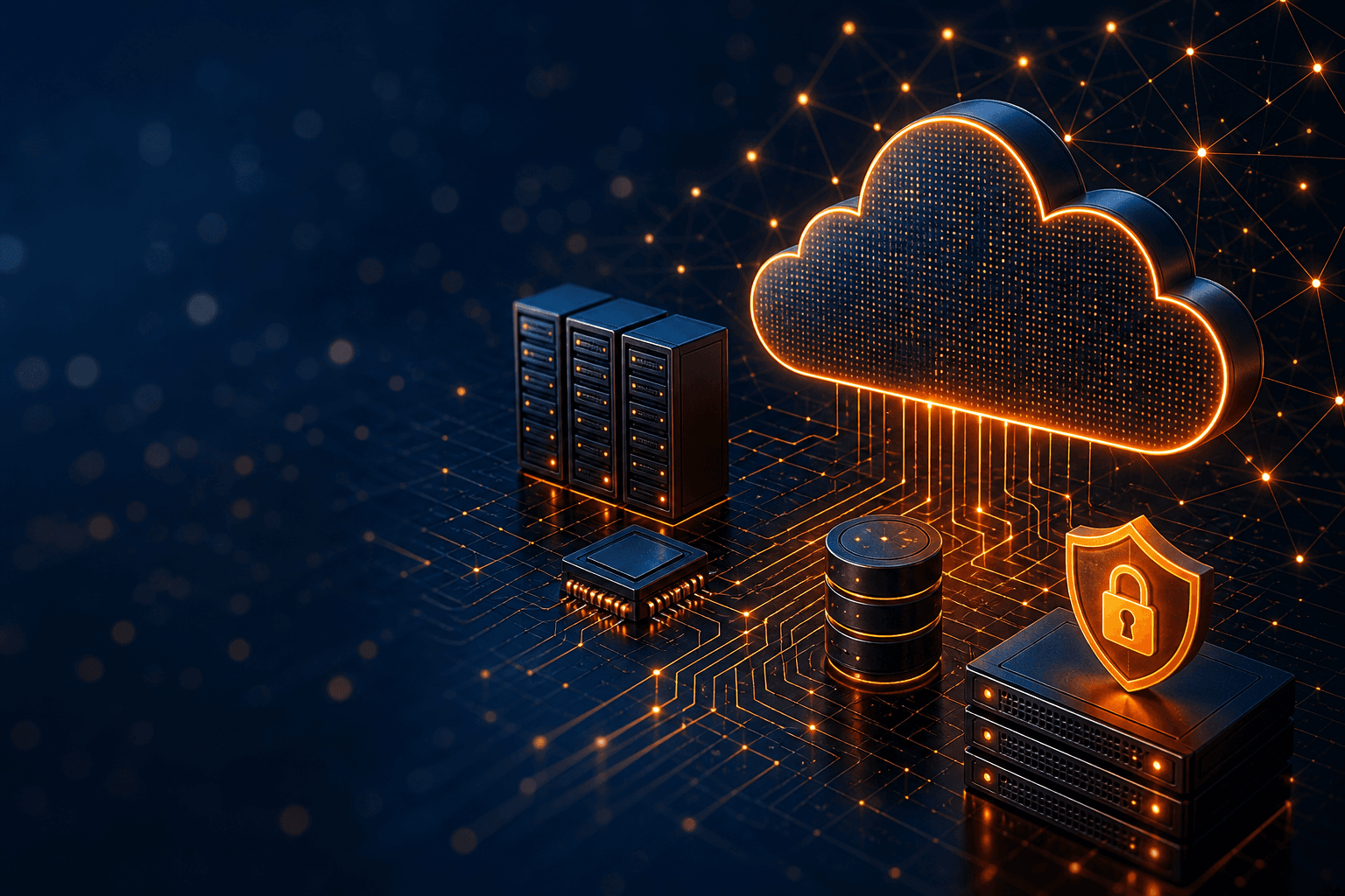 Navy and orange isometric illustration of a cloud connected to servers, databases, and a padlocked shield on a glowing circuit-board network, representing managed IT services for Yonkers and Westchester businesses.