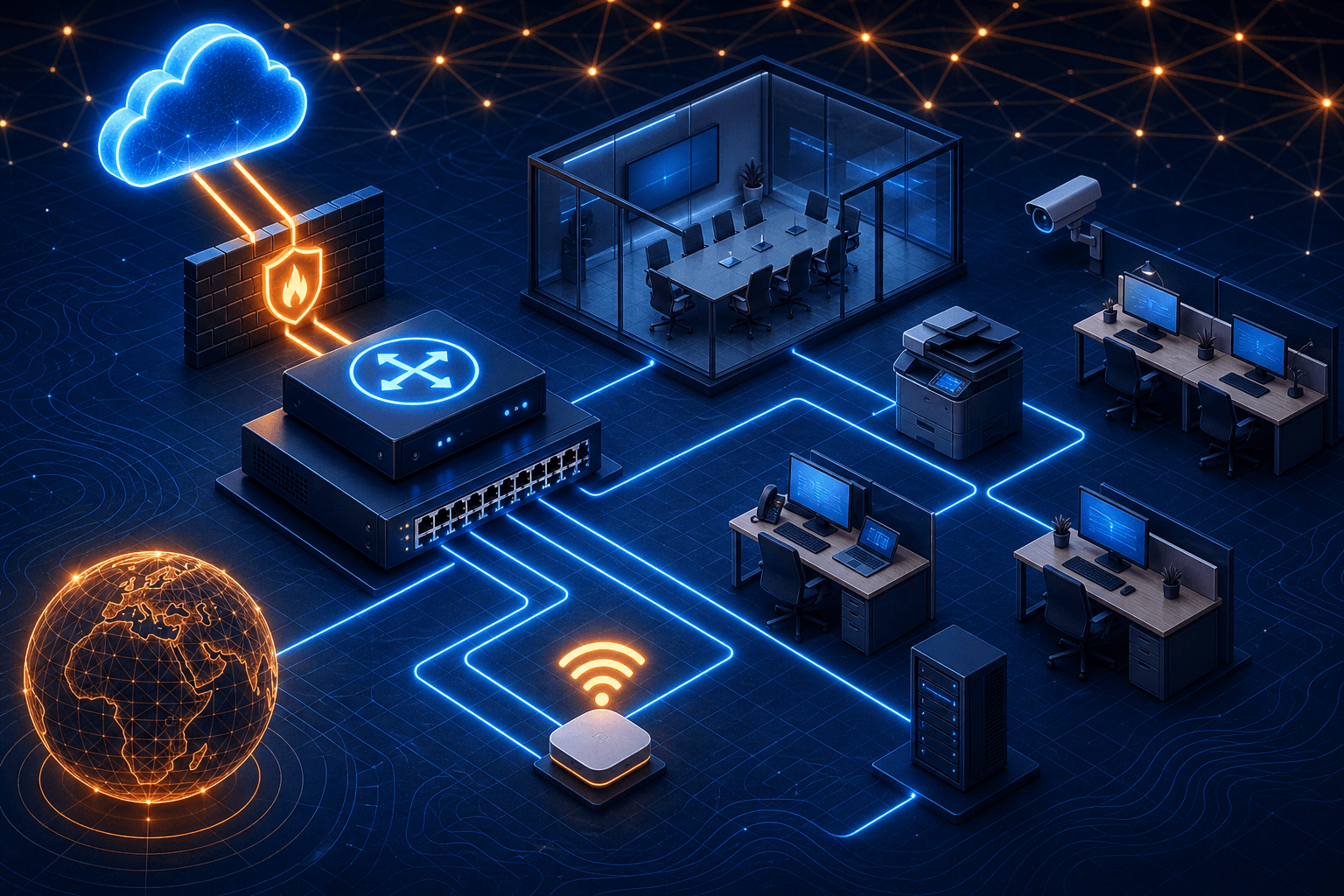 Isometric illustration of a New York City office network with switches, access points, a firewall, cloud links, and glowing LAN paths in navy blue and orange.