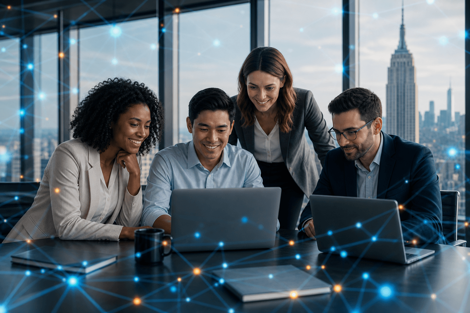 Business team reviewing an AI agent implementation in a modern NYC office