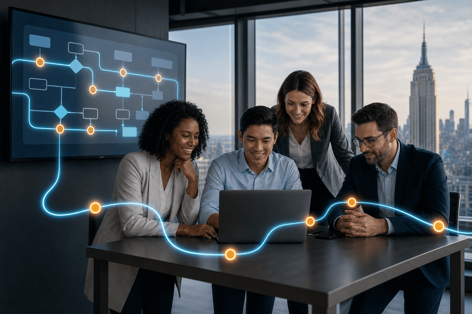 Operations team reviewing an automation workflow board in a modern office