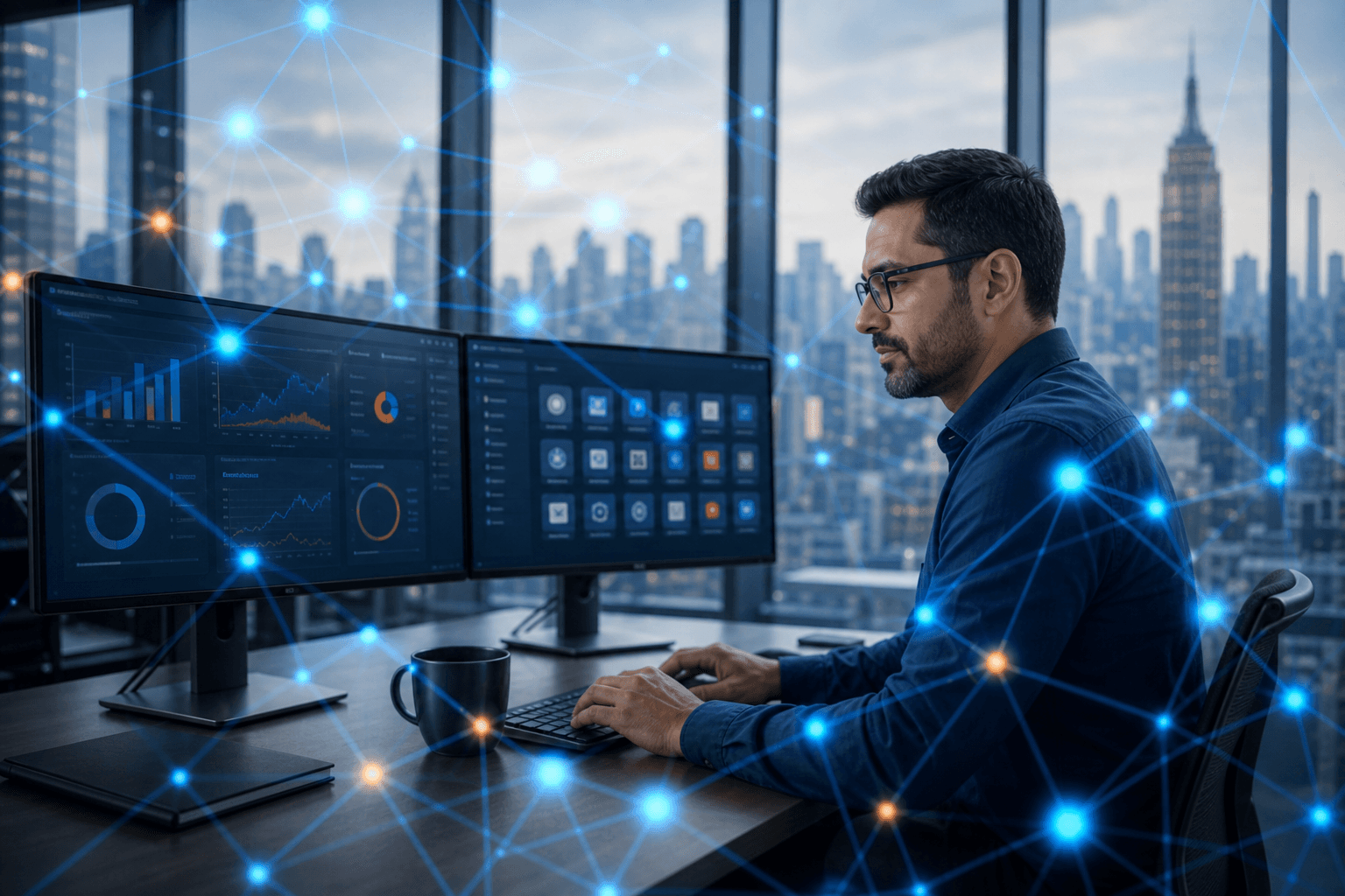 IT professional connecting business applications to AI on dual monitors