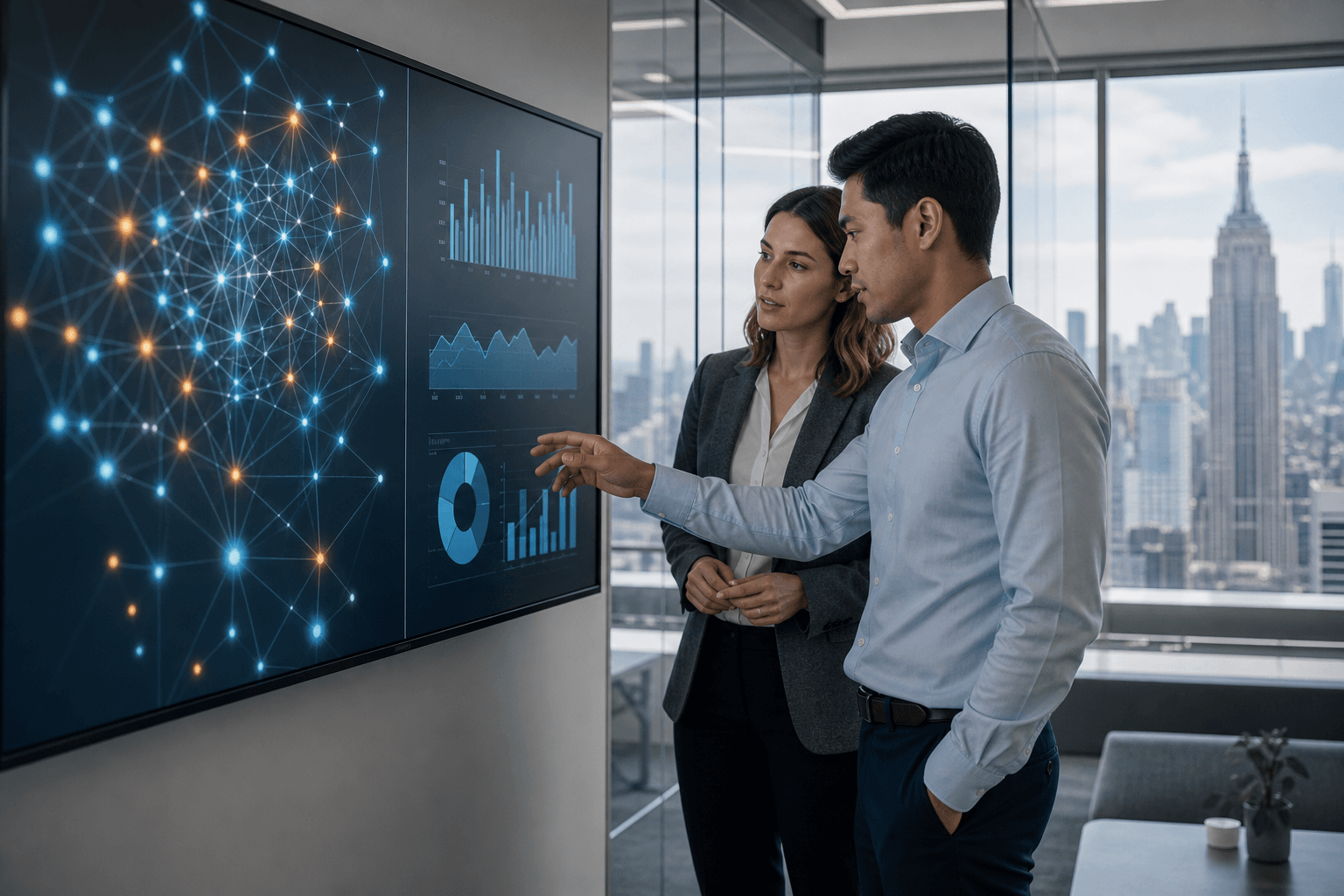Team reviewing model-training charts and a neural-network visualization