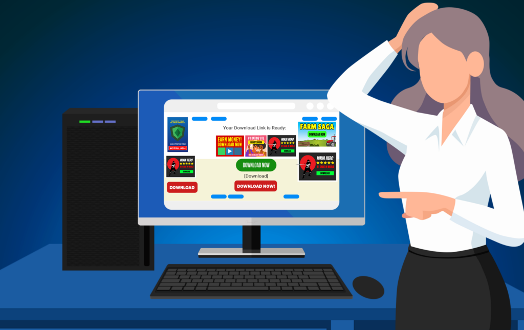 Woman pointing at computer screen displaying download options for various applications, emphasizing the importance of cyber security and IT support in a digital landscape.