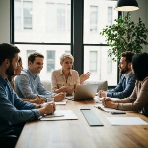 Business professionals collaborating on managed IT services in a modern office