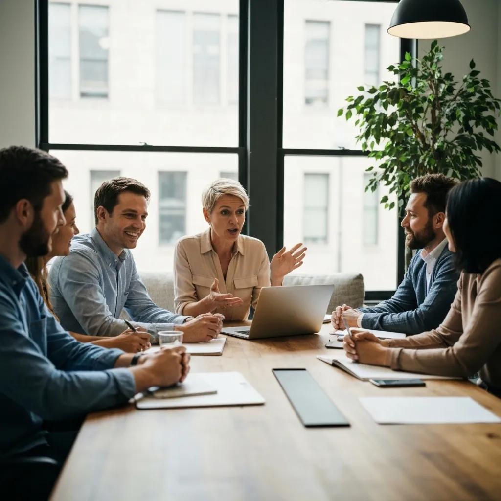 Business professionals collaborating on managed IT services in a modern office