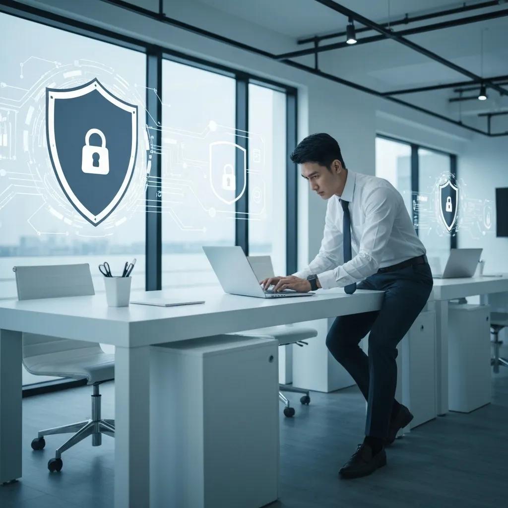 Small business owner in a modern office with digital security icons representing cyber security solutions
