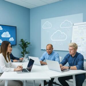 Business professionals collaborating in a modern office setting with laptops, discussing cloud hosting solutions and IT services for enhanced efficiency.