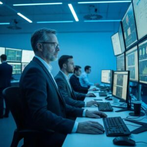 Business professionals working in a high-tech IT environment, focused on multiple computer screens displaying data analytics and cybersecurity metrics.