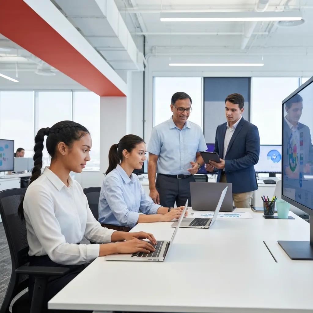 Diverse professionals collaborating in a modern office with advanced technology tools